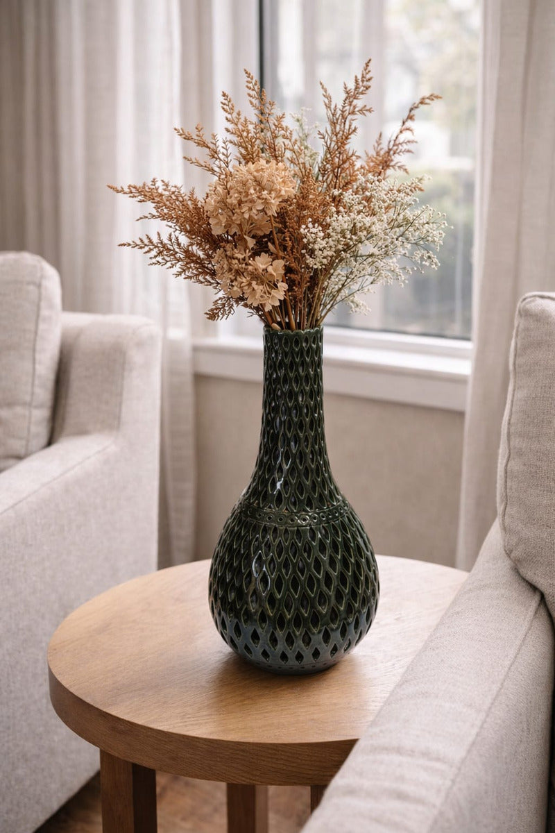 Jarrón Decorativo Calado Hoja Barro Atzompa Oaxaca 40cm
