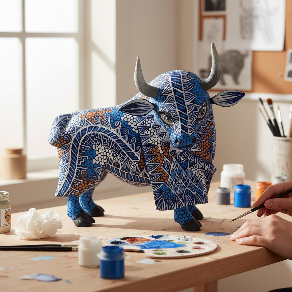 Toro Alebrije De Oaxaca Pintado A Mano 12 Cm