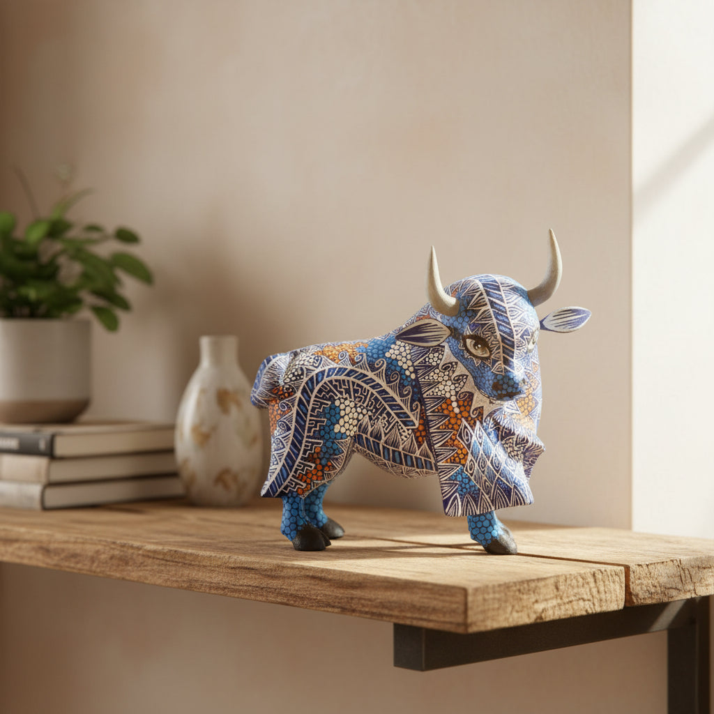 Toro Alebrije De Oaxaca Pintado A Mano 12 Cm