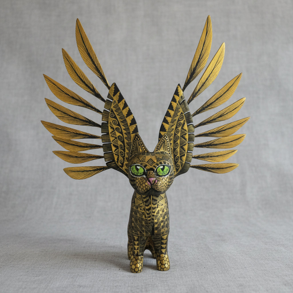 Alebrije Gato Alado Oaxaca Negro Dorado 25cm