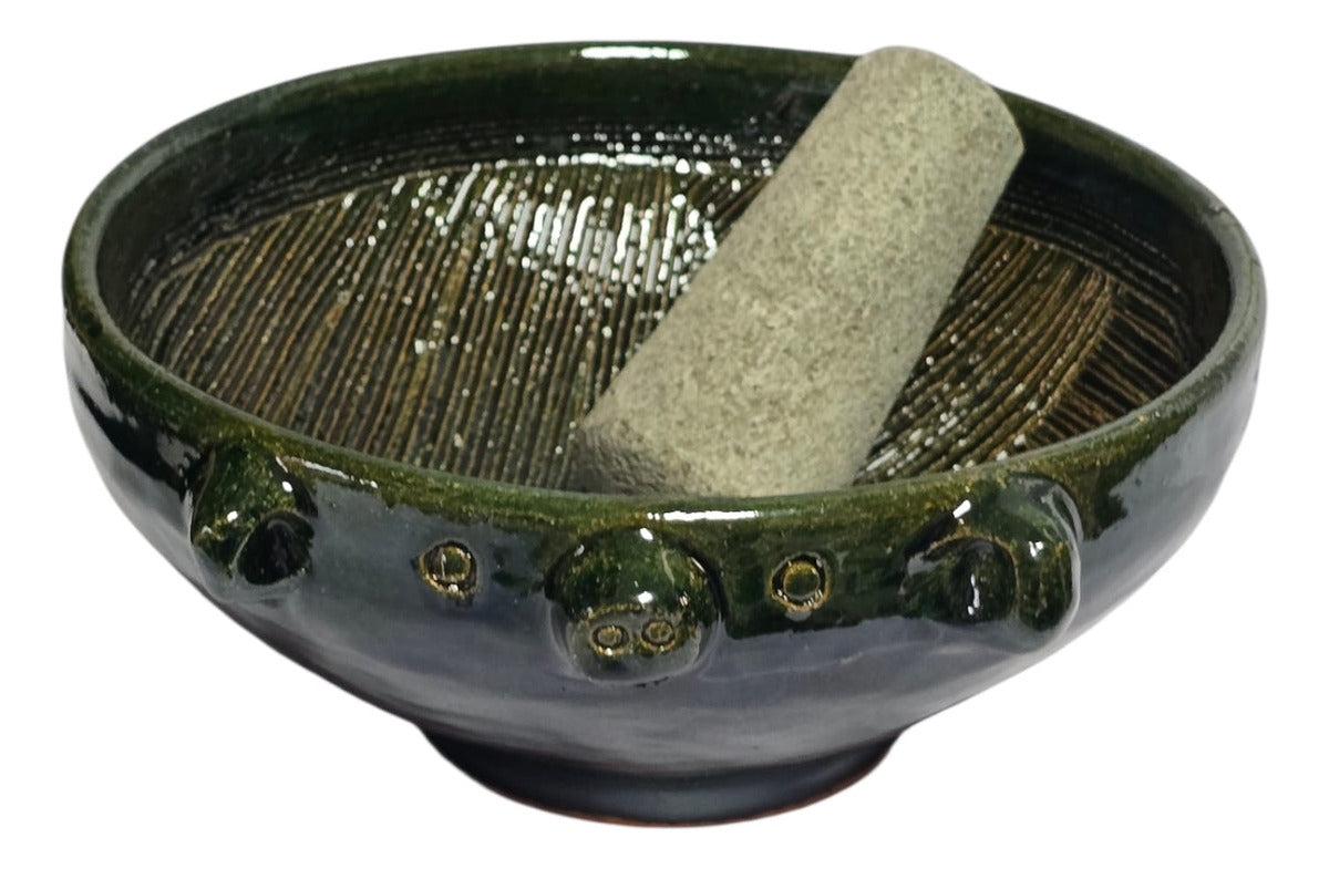 Molcajete Grande Barro De Atzompa Oaxaca Vidriado 22cm