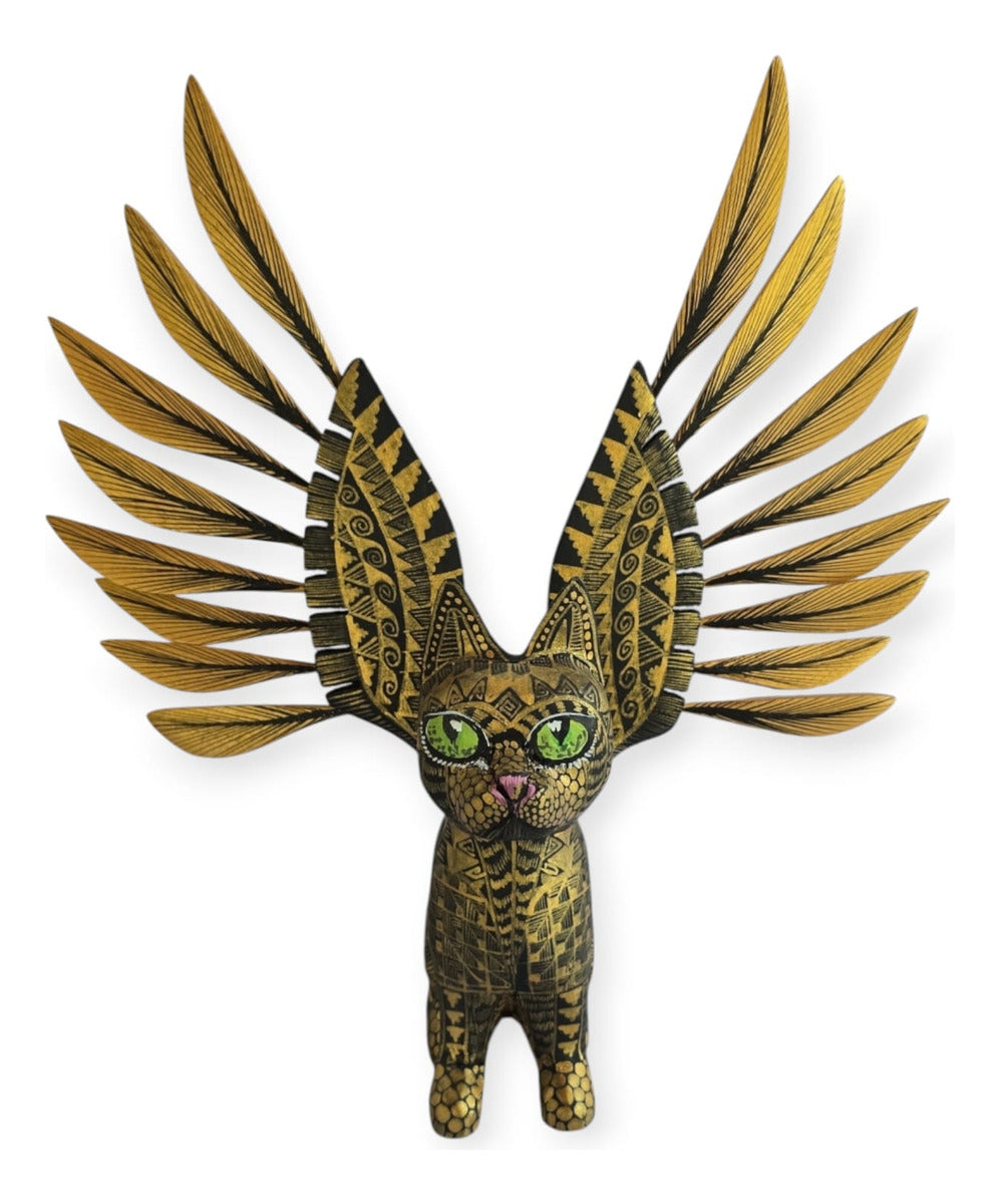 Alebrije Gato Alado Oaxaca Negro Dorado 25cm