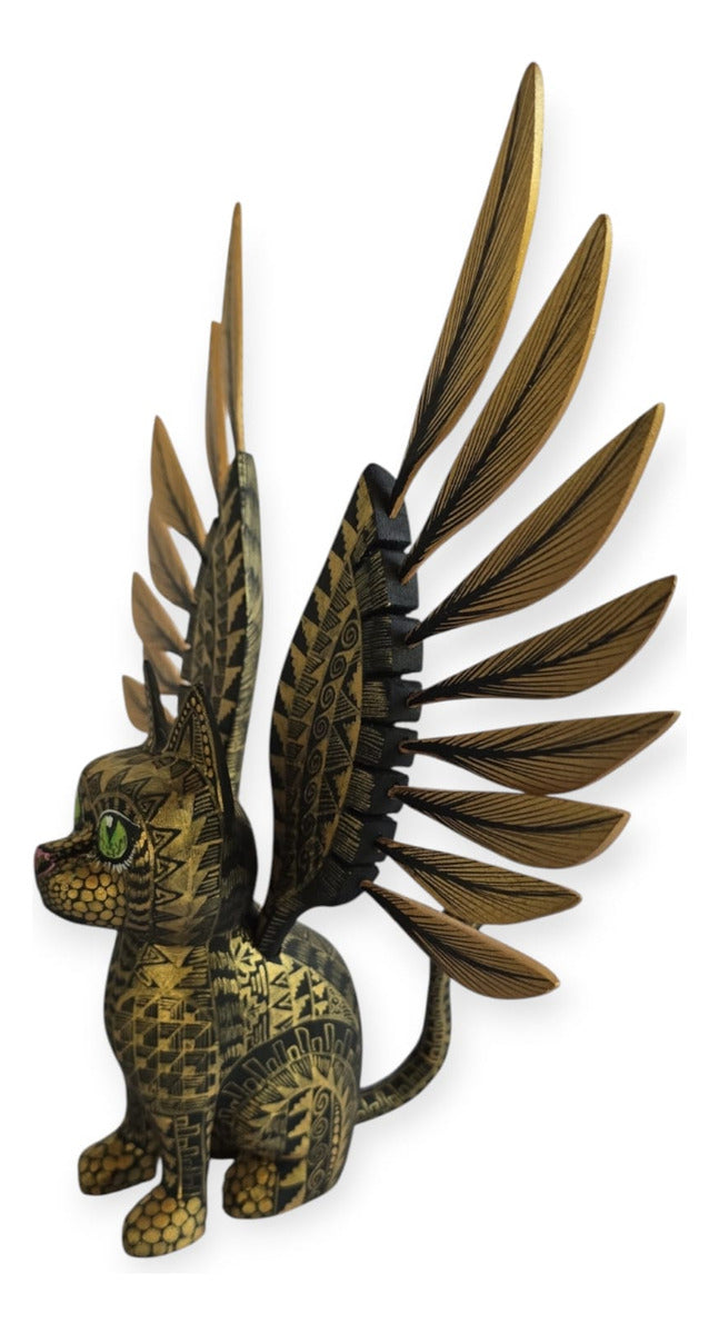 Alebrije Gato Alado Oaxaca Negro Dorado 25cm