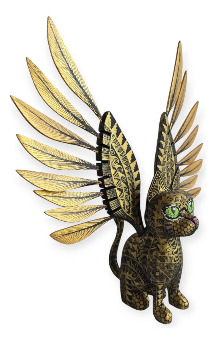 Alebrije Gato Alado Oaxaca Negro Dorado 25cm
