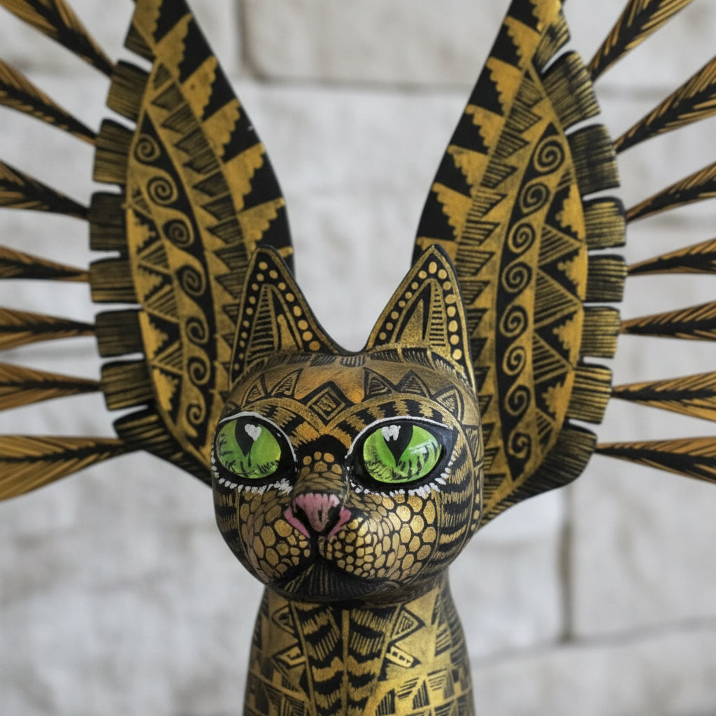 Alebrije Gato Alado Oaxaca Negro Dorado 25cm